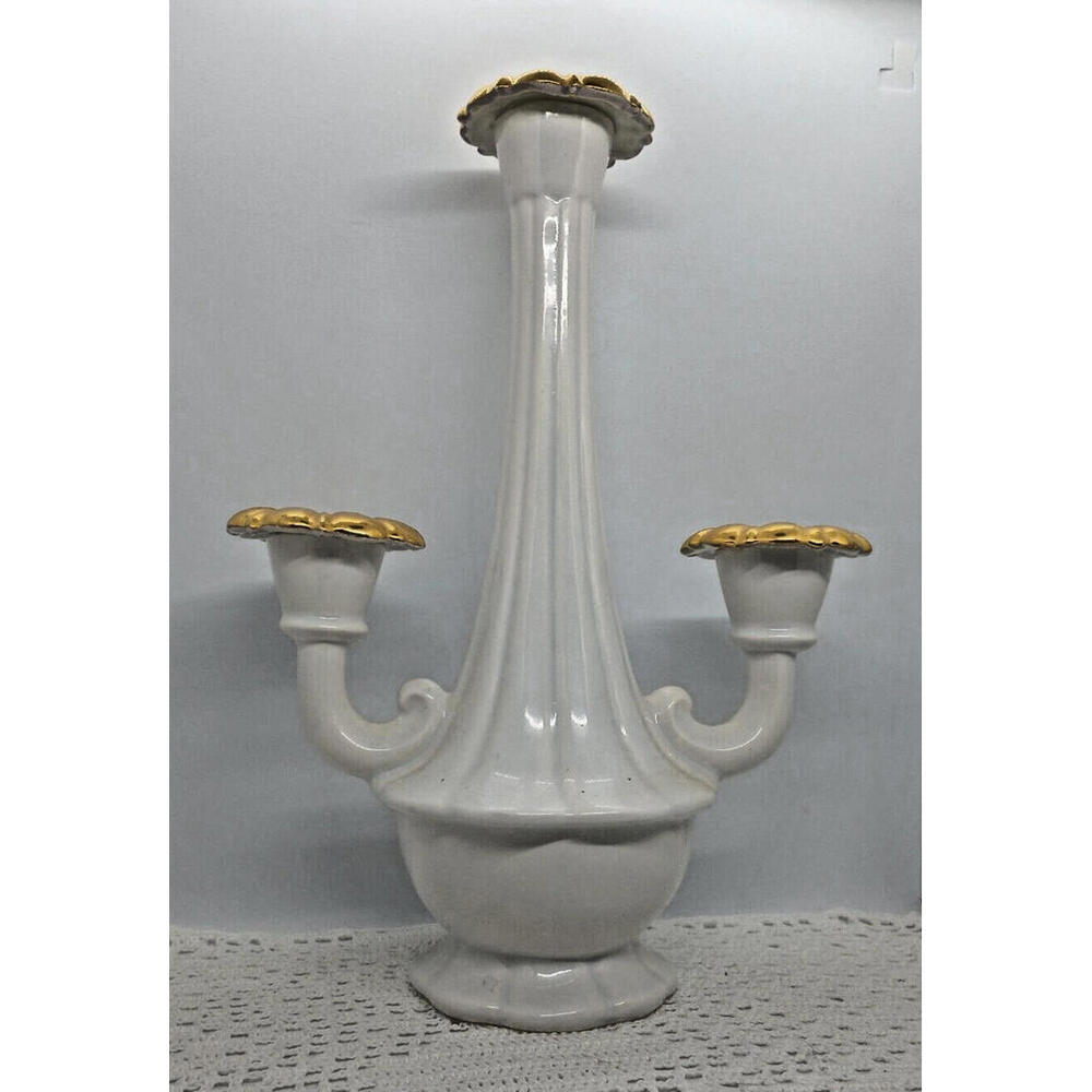 MCM MADDUX of CALIFORNIA Ceramic White Gold 3 Candle Taper 12 " Candleholder